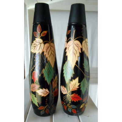Van Den Berghs Pair Painted Bottles Painted with Leaves with Cut Screw Tops   183328170785